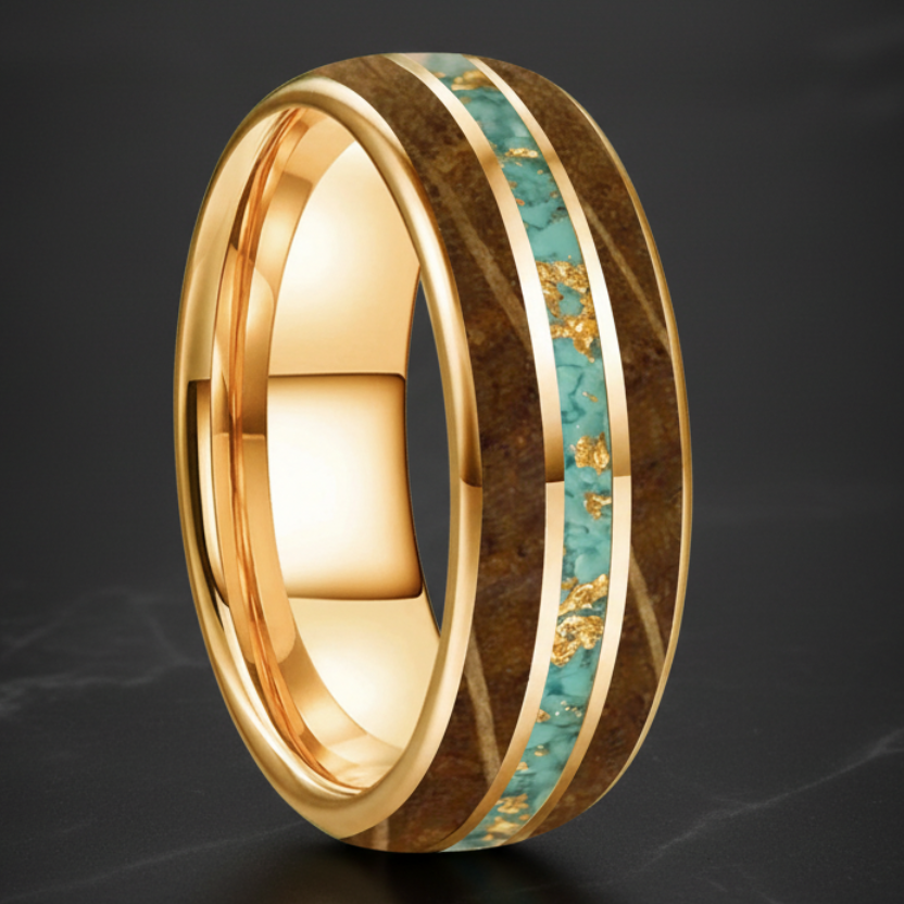 Gold Foil Turquoise Whiskey Wood Tungsten Ring