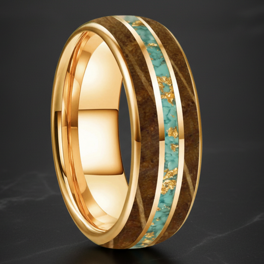 Gold Foil Turquoise Whiskey Wood Tungsten Ring