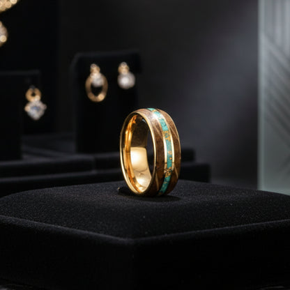 Gold Foil Turquoise Whiskey Wood Tungsten Ring