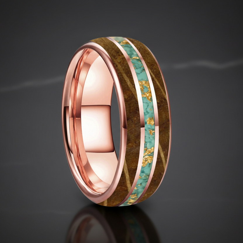 Gold Foil Turquoise Whiskey Wood Tungsten Ring