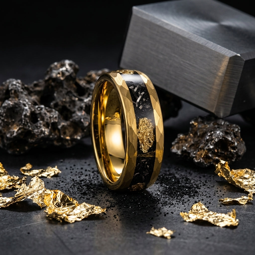 Gold Meteorite Tungsten Wedding Band with Gold Foil Inlay