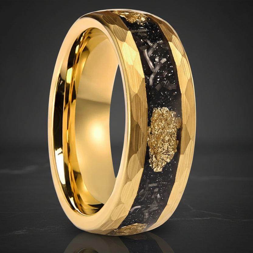 Gold Meteorite Tungsten Wedding Band with Gold Foil Inlay