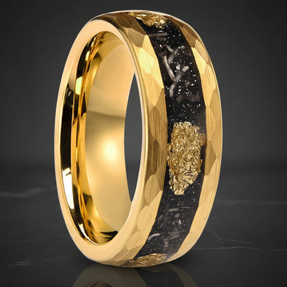 Gold Meteorite Tungsten Wedding Band with Gold Foil Inlay