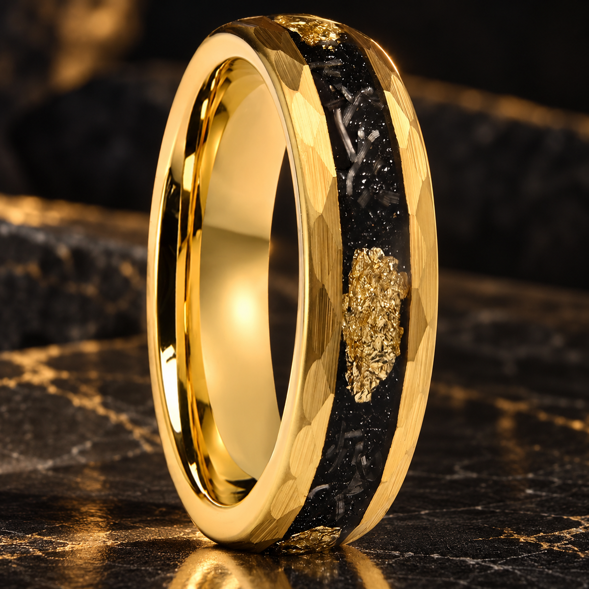 Hammered Tungsten Ring with Gold Foil & Meteorite Inlay