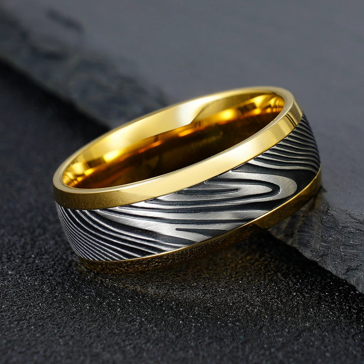 Gold Polished Unique Etched Damascus Steel Stainless Steel Ring