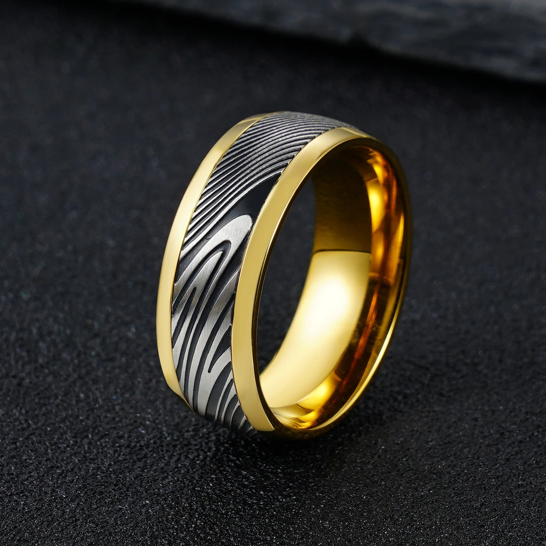 Gold Polished Unique Etched Damascus Steel Stainless Steel Ring