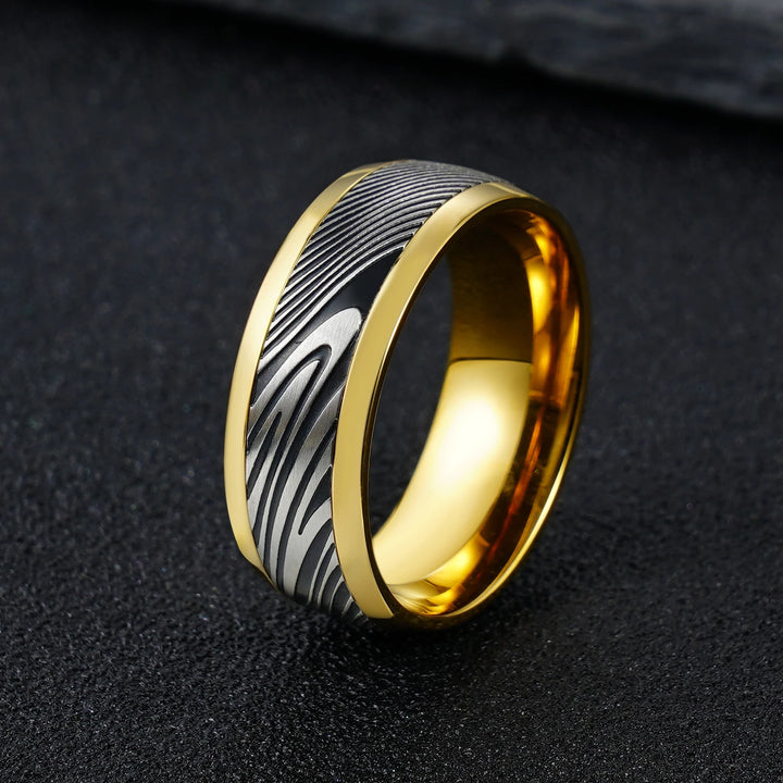 Gold Polished Unique Etched Damascus Steel Stainless Steel Ring