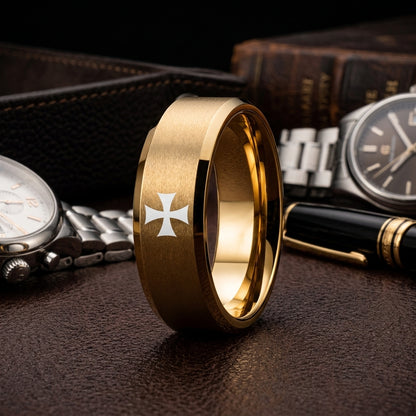 Gold Tungsten Cross Ring for men