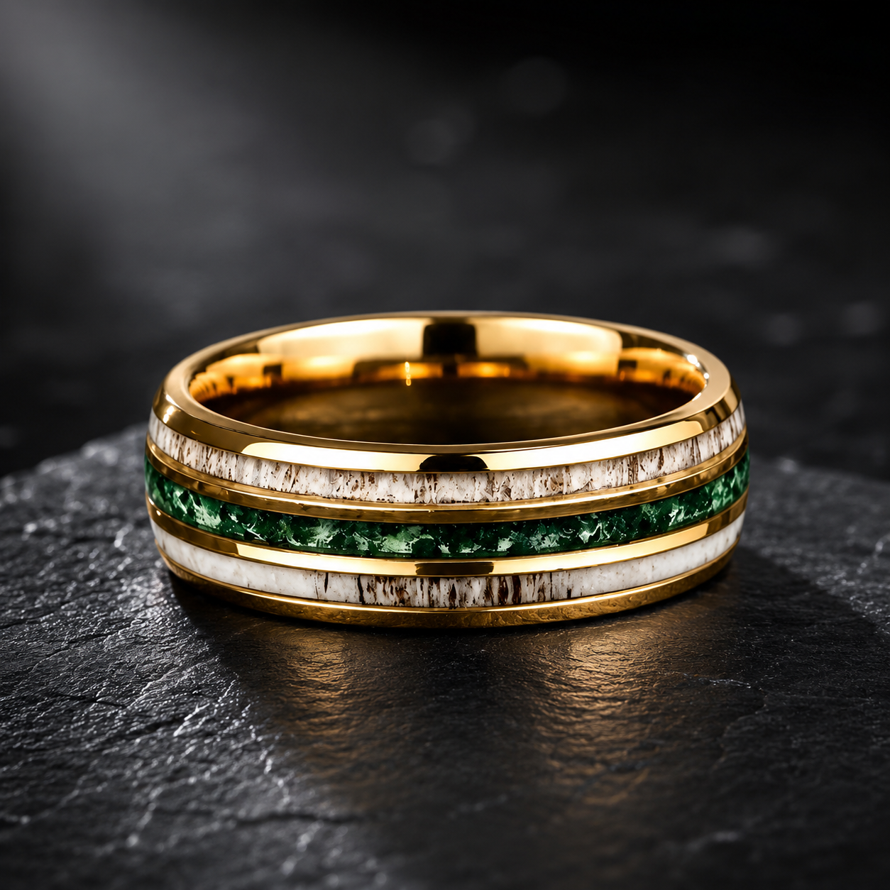 Gold Tungsten Ring with Antler & Moss Agate