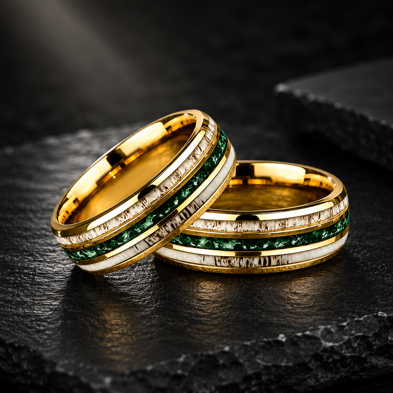 Gold Tungsten Ring with Antler & Moss Agate