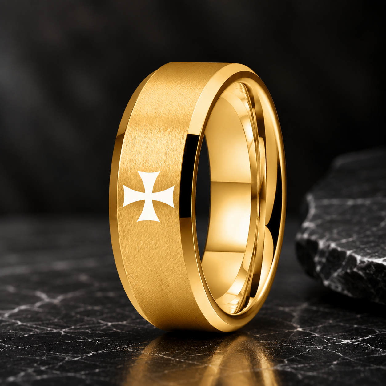 Gold Tungsten Cross Ring