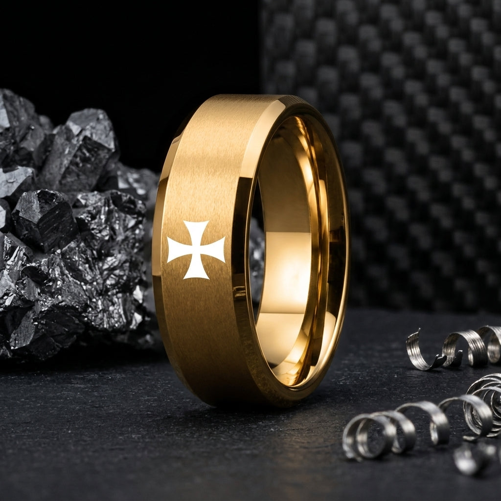 Gold Tungsten Cross Ring for men