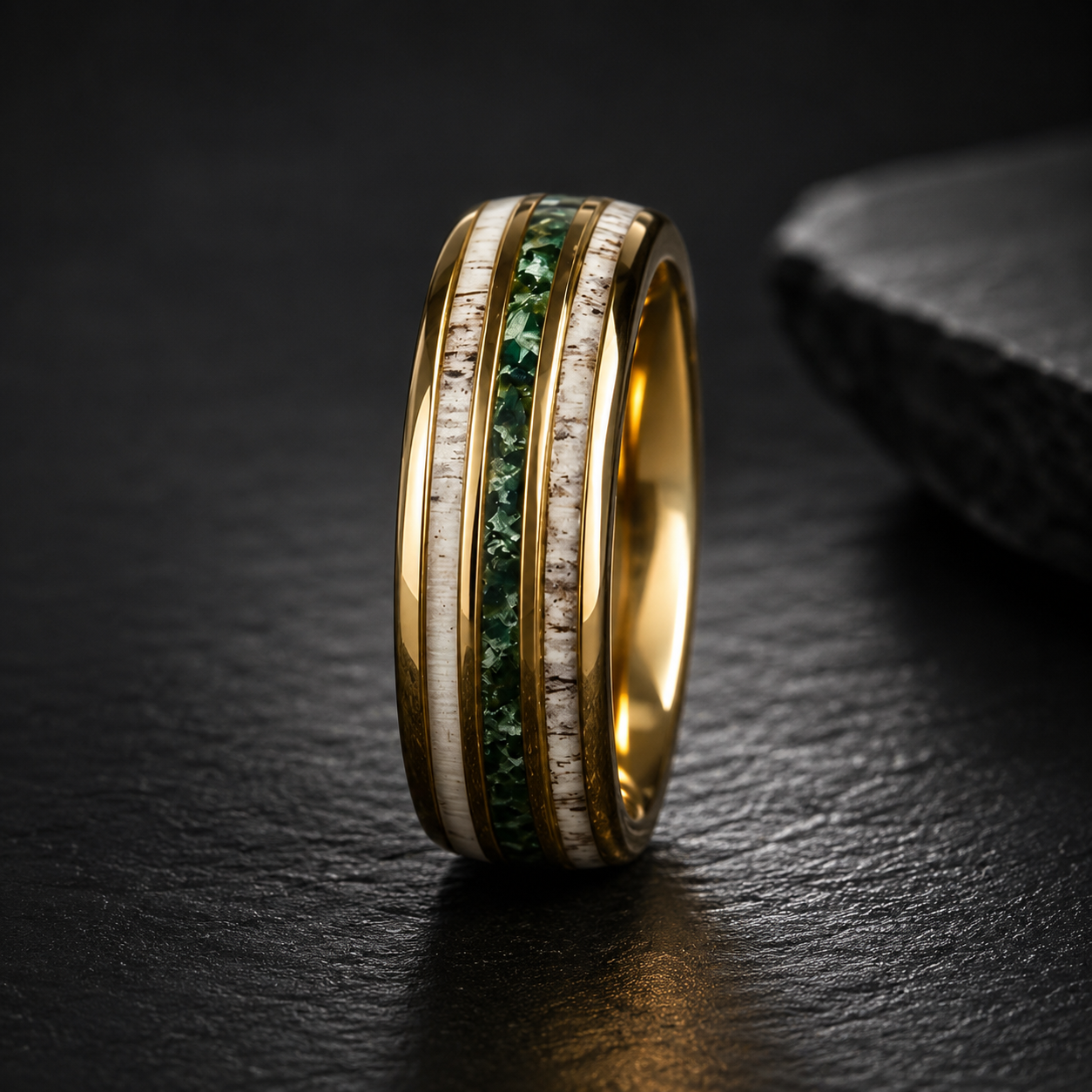 Gold Tungsten Ring with Antler & Moss Agate