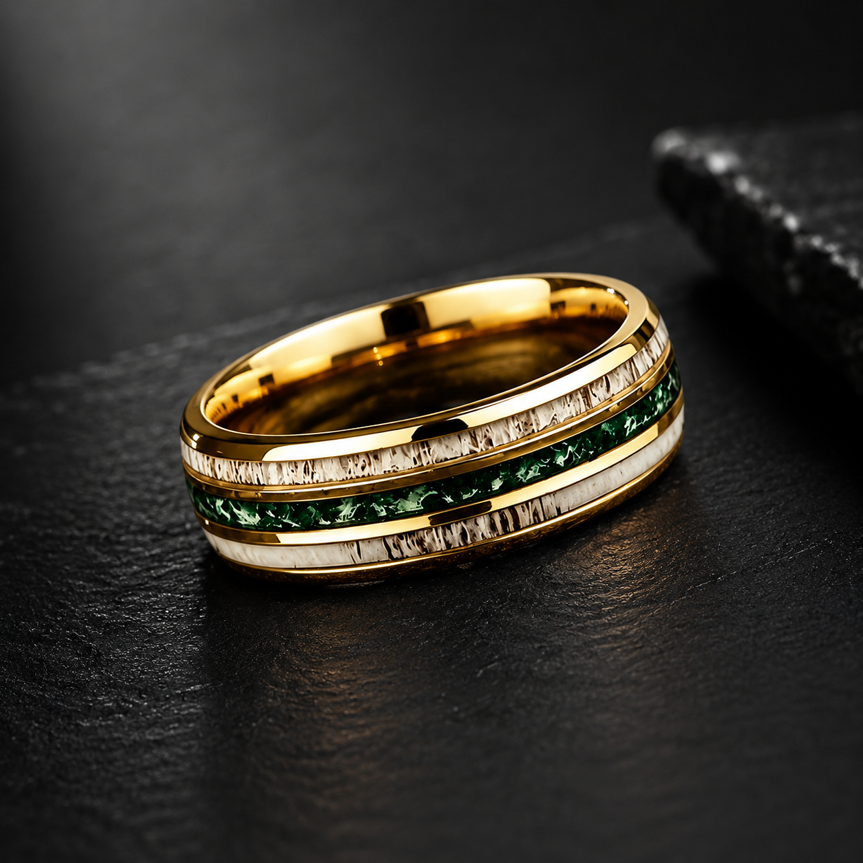 Gold Tungsten Ring with Antler & Moss Agate