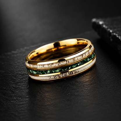 Gold Tungsten Ring with Antler & Moss Agate
