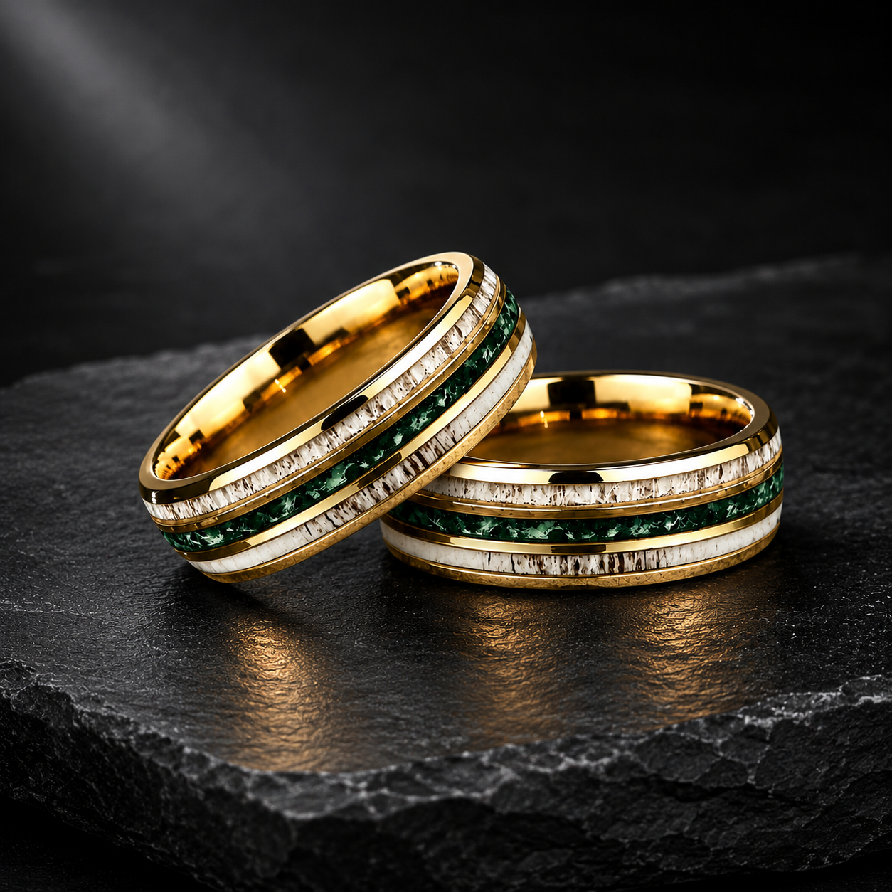 Gold Tungsten Ring with Antler & Moss Agate