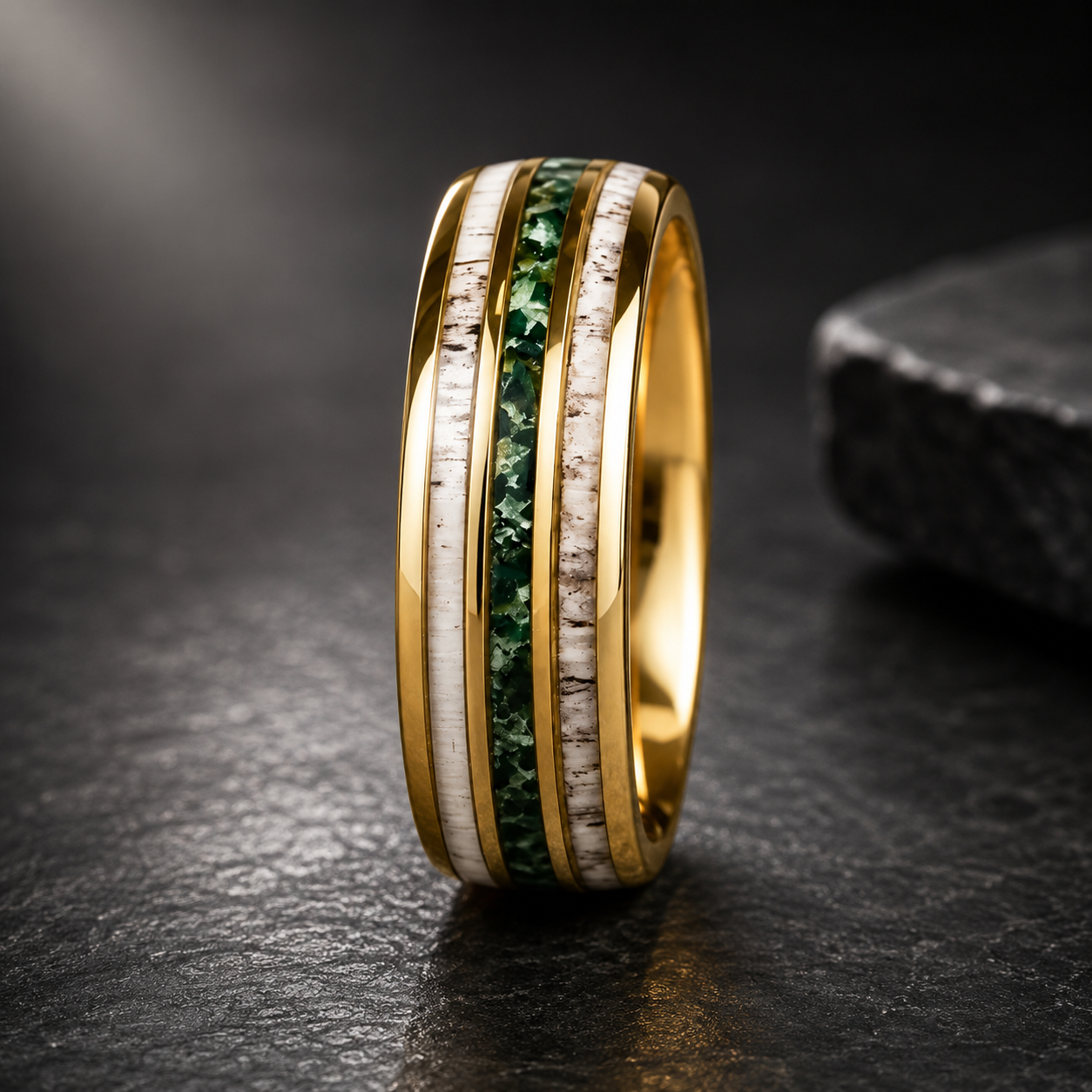 Gold Tungsten Ring with Antler & Moss Agate