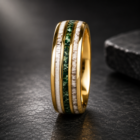 Gold Tungsten Ring with Antler & Moss Agate