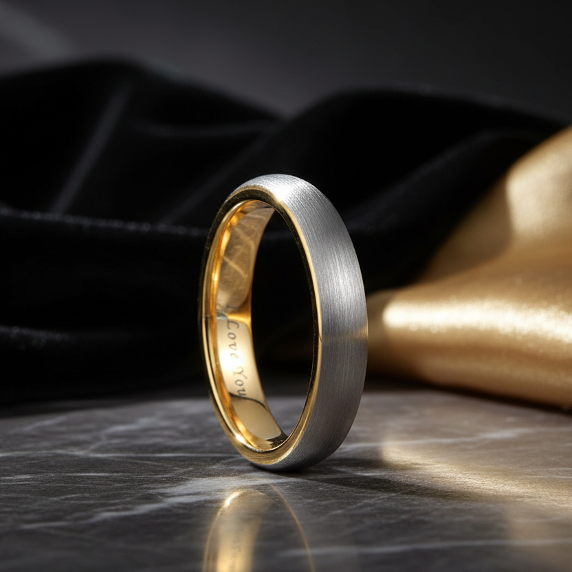 4mm Gold and Silver Tungsten Ring I Love You Engraved