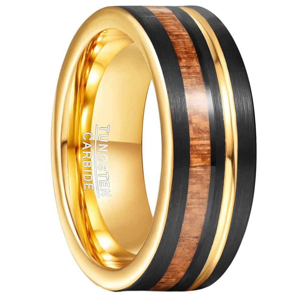 Gold tungsten carbide ring with wooden and black inlay
