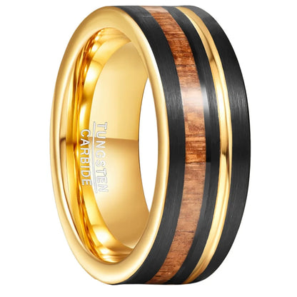 Gold tungsten carbide ring with wooden and black inlay
