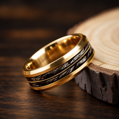 Tungsten Ring With Gray Oak Wood and Guitar String Inlay