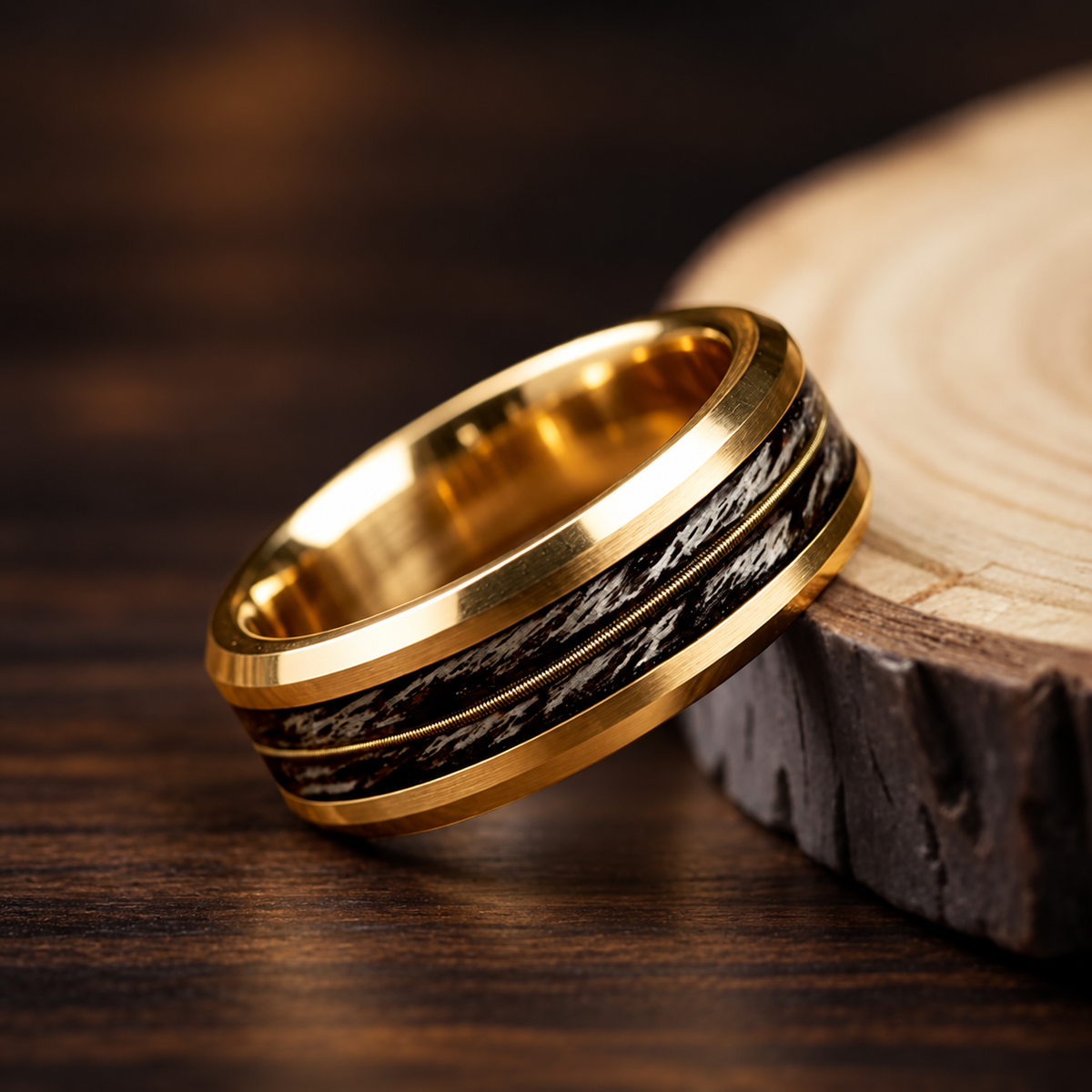Tungsten Ring With Gray Oak Wood and Guitar String Inlay