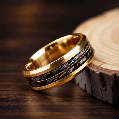 Tungsten Ring With Gray Oak Wood and Guitar String Inlay