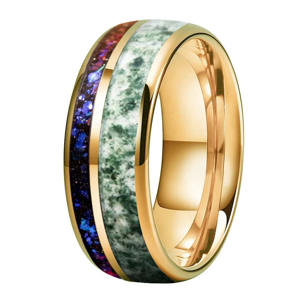 Gold tungsten ring with green and purple inlay 