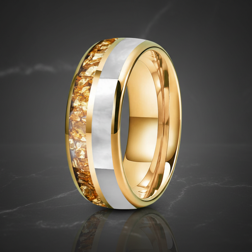 Golden Crystal & Mother of Pearl Tungsten Ring - RealTungsten