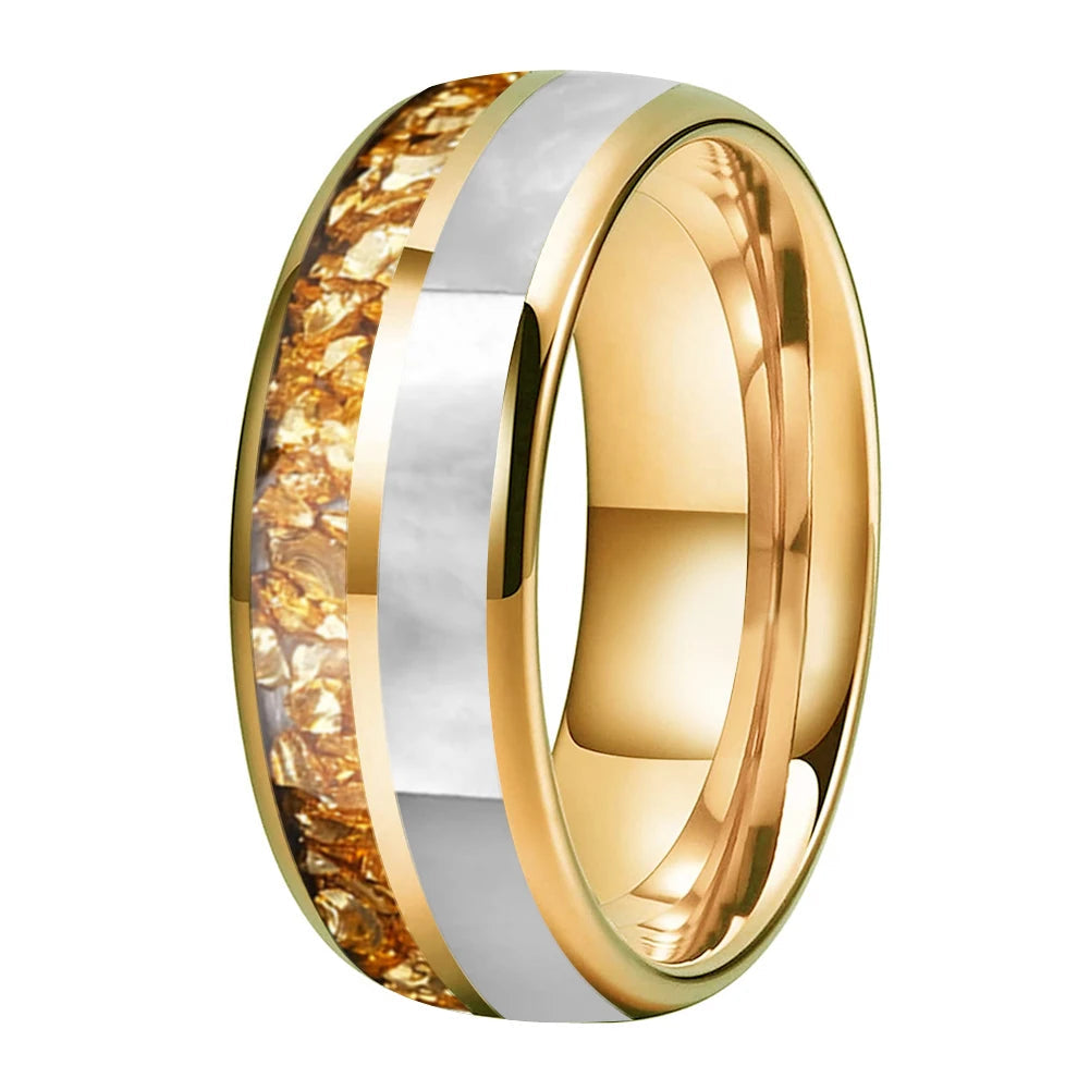 Golden Crystal & Mother of Pearl Tungsten Ring