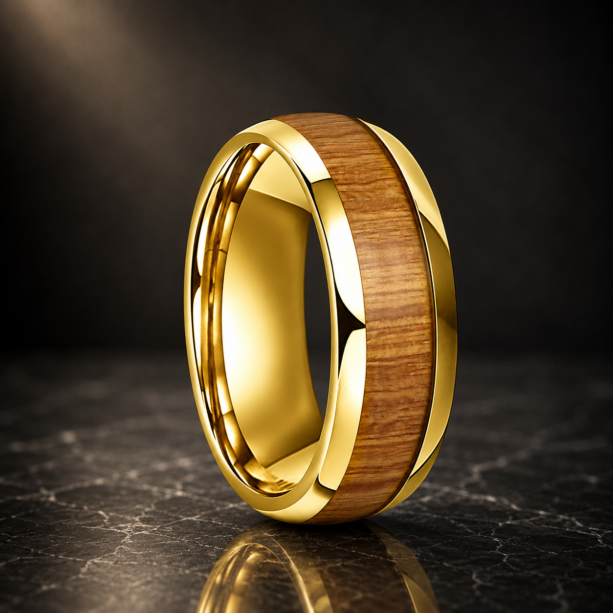 Tungsten Ring with Yellow Peach Wood Inlay