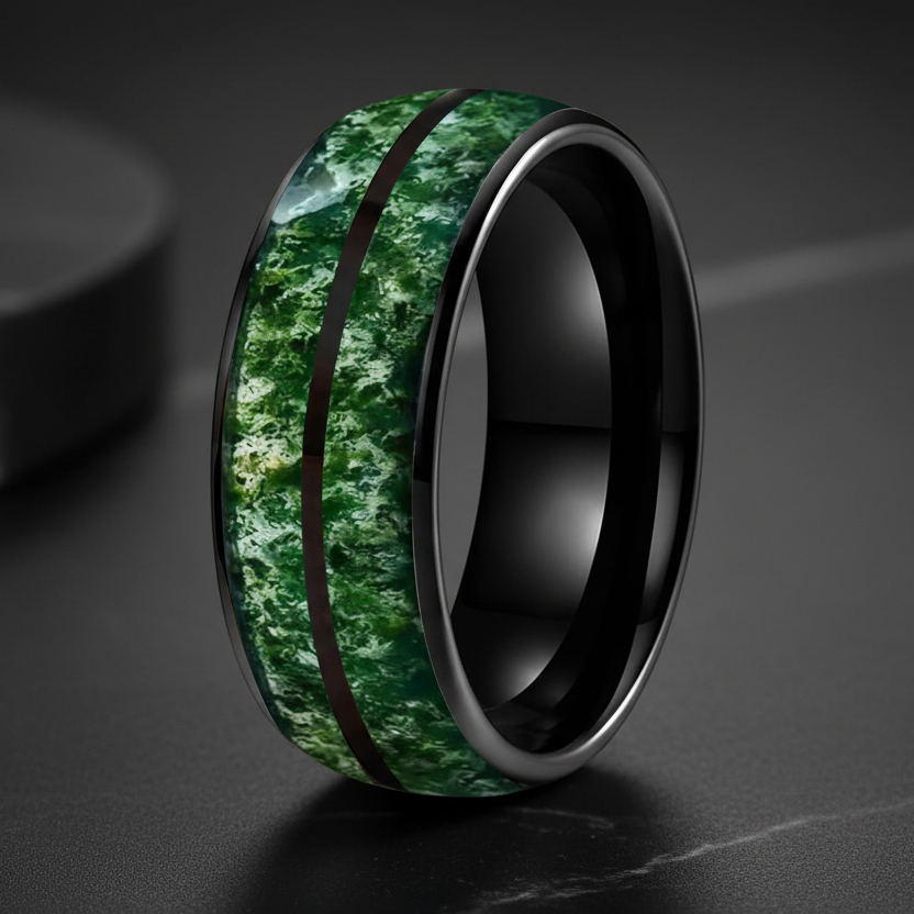 Green Moss Agate Tungsten Ring