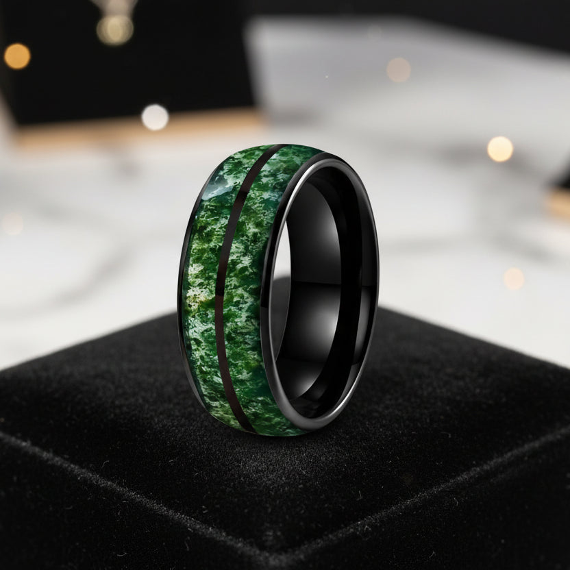 Green Moss Agate Tungsten Ring