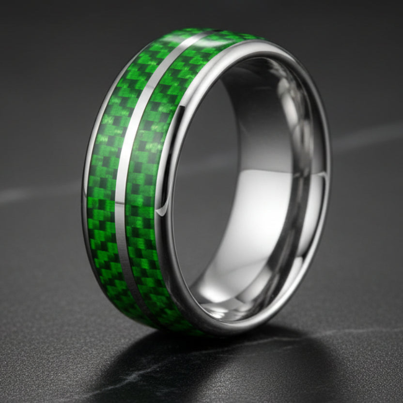 Green Carbon Fiber Double-Groove Tungsten Ring