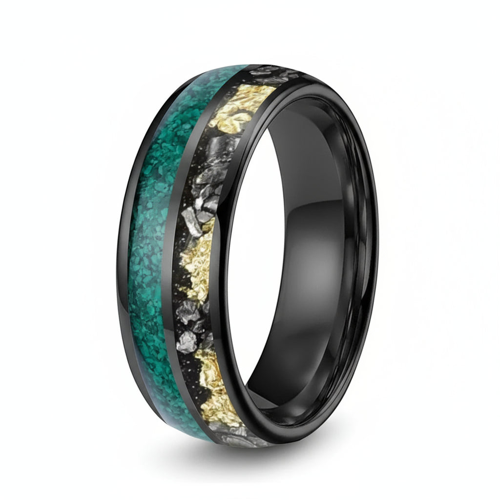 Green Malachite & Meteorite Tungsten Ring - Double Groove