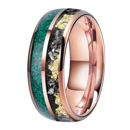 Green Malachite & Meteorite Tungsten Ring - Double Groove