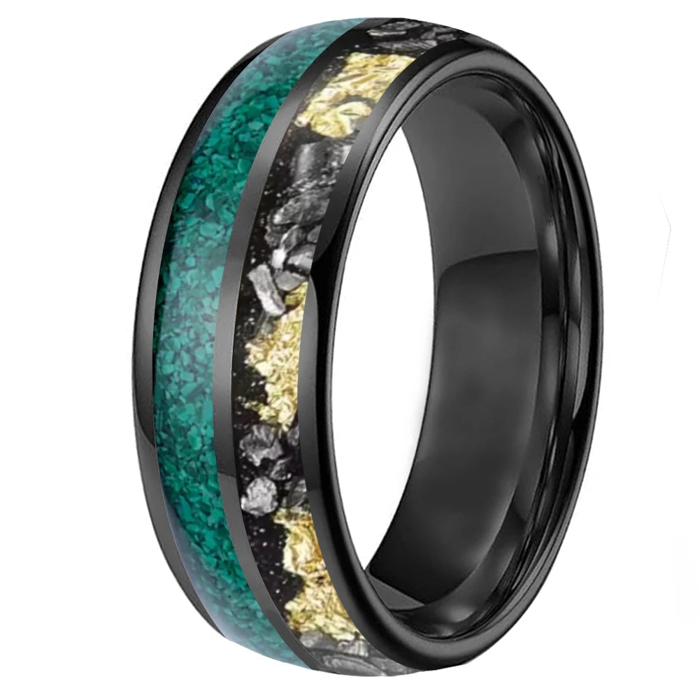 Green Malachite & Meteorite Tungsten Ring - Double Groove