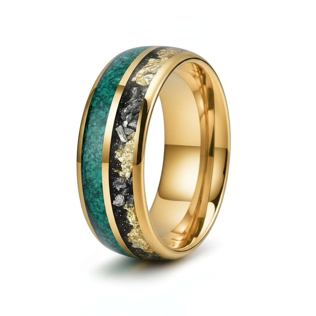 Green Malachite & Meteorite Tungsten Ring - Double Groove