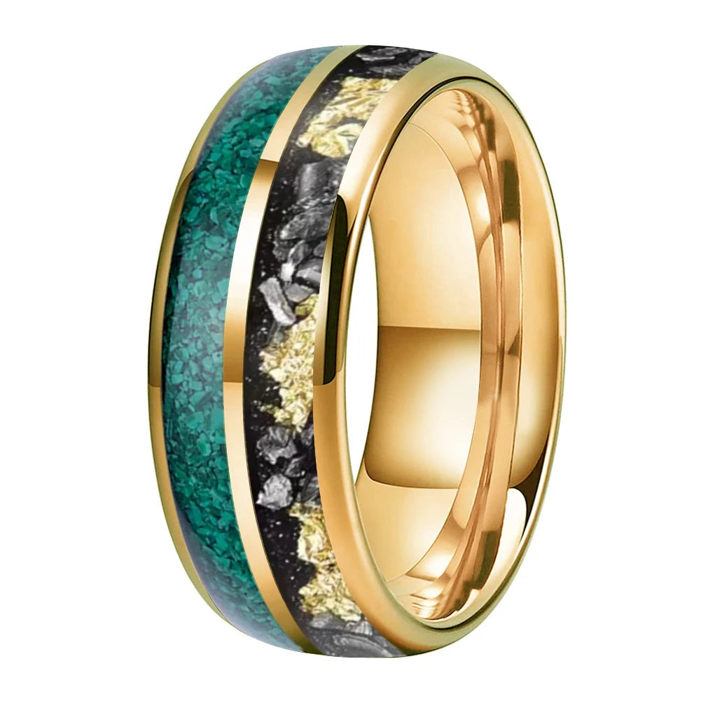 Green Malachite & Meteorite Tungsten Ring - Double Groove