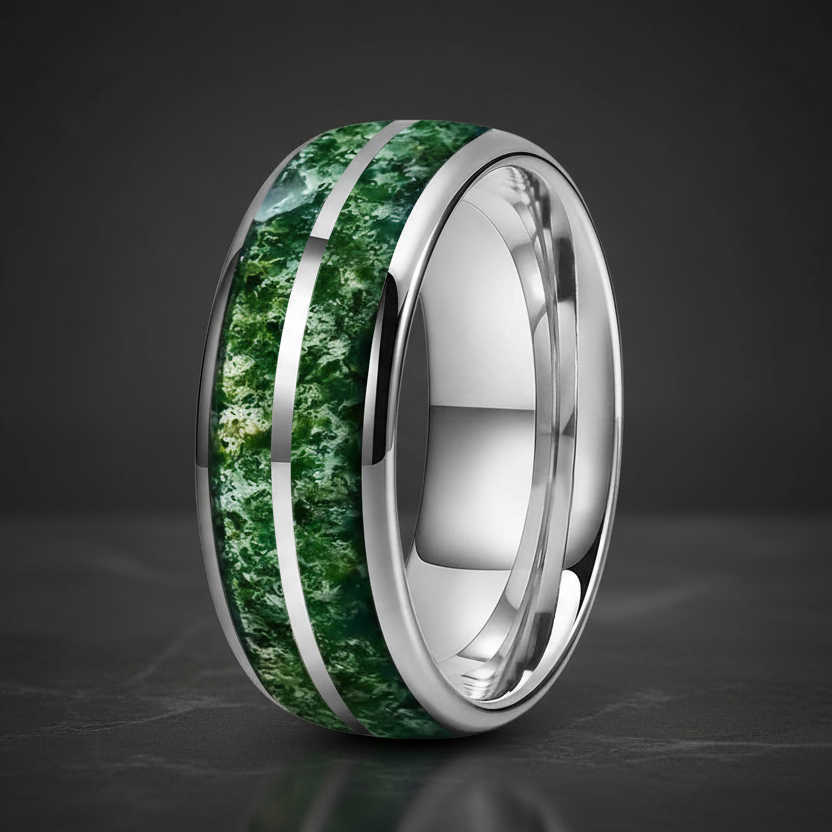 Green Moss Agate Tungsten Ring