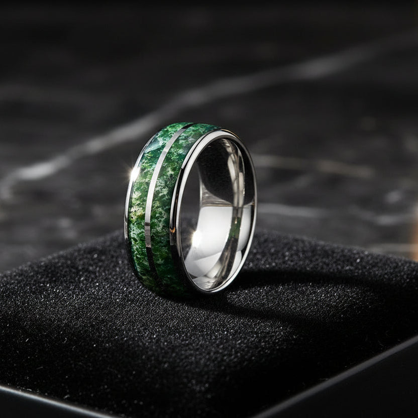Green Moss Agate Tungsten Ring