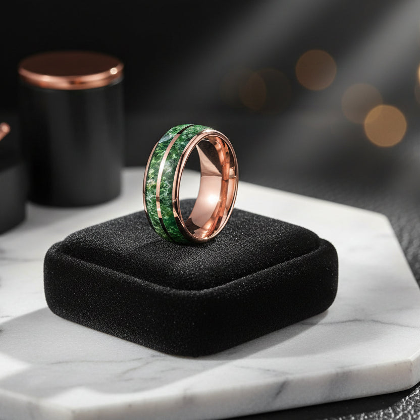 Green Moss Agate Tungsten Ring