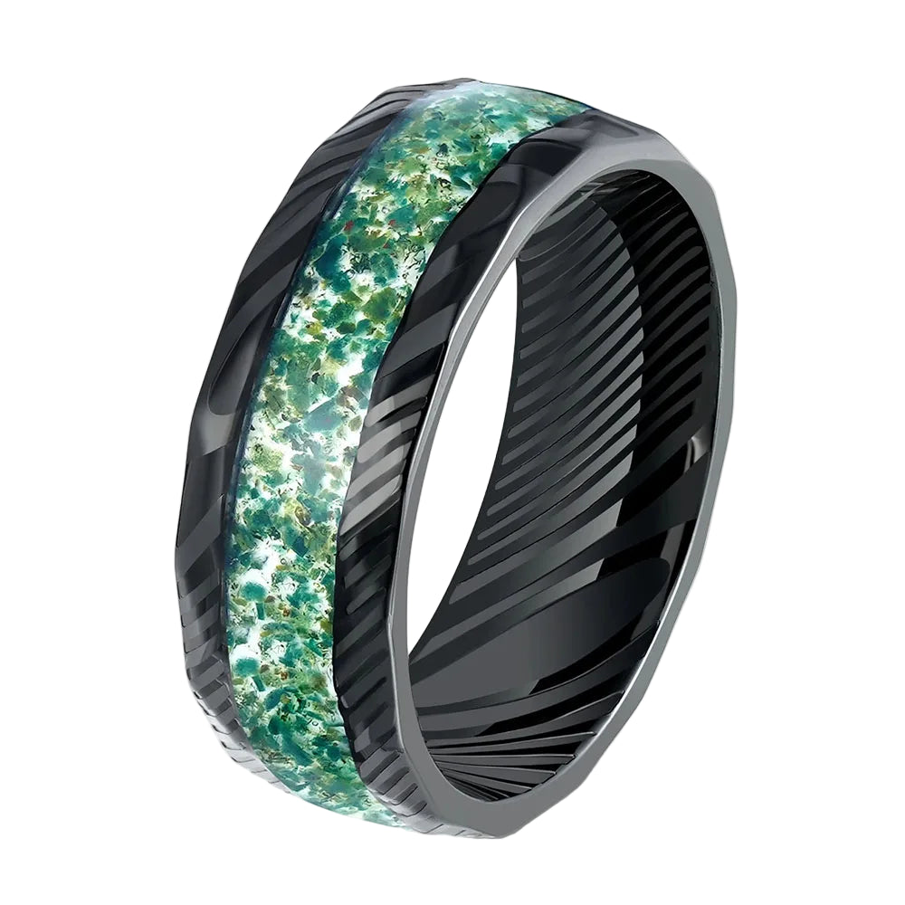 Green Nebula Tungsten Damascus Ring