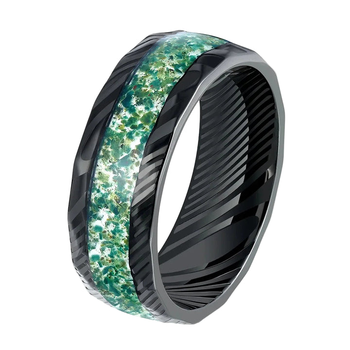 Green Nebula Tungsten Damascus Ring