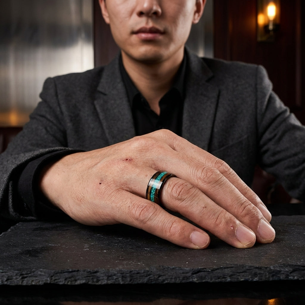 Green Opal Tungsten Ring with Whiskey Wood Inlay