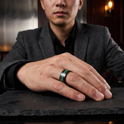 Green Opal Tungsten Ring with Whiskey Wood Inlay