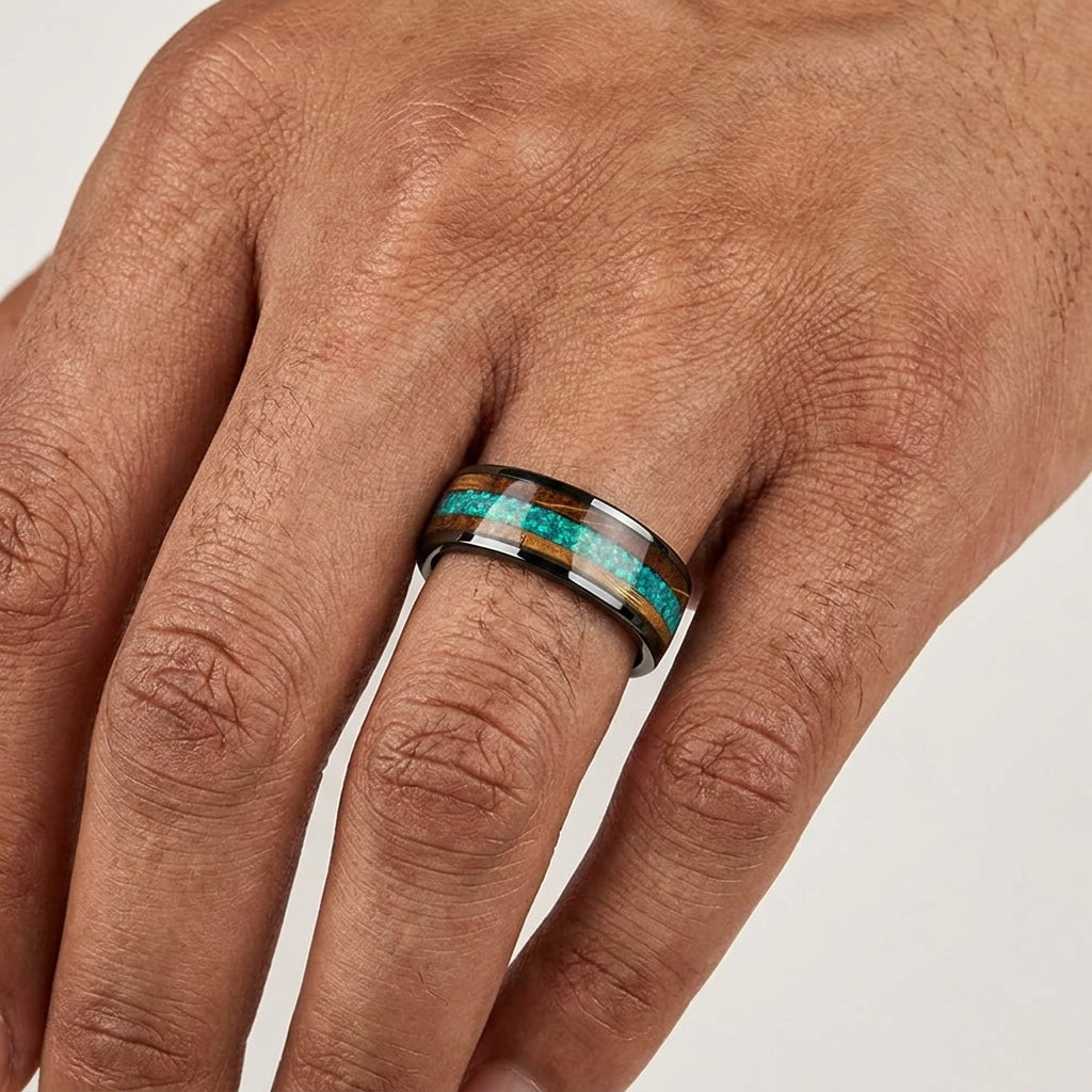 Green Opal Tungsten Ring with Whiskey Wood Inlay