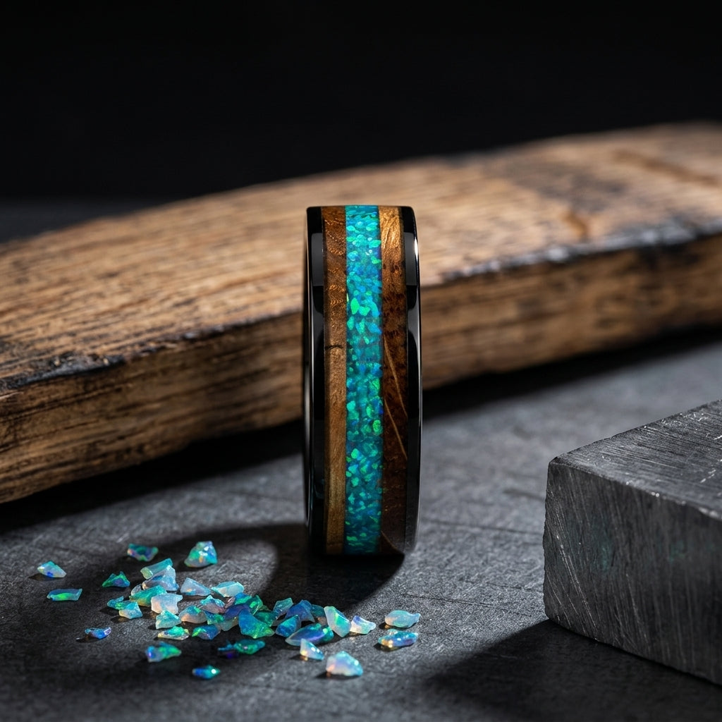 Green Opal Tungsten Ring with Whiskey Wood Inlay