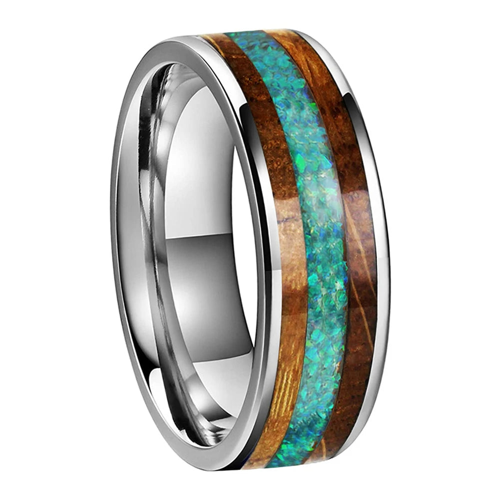 Green Opal Tungsten Ring with Whiskey Wood Inlay